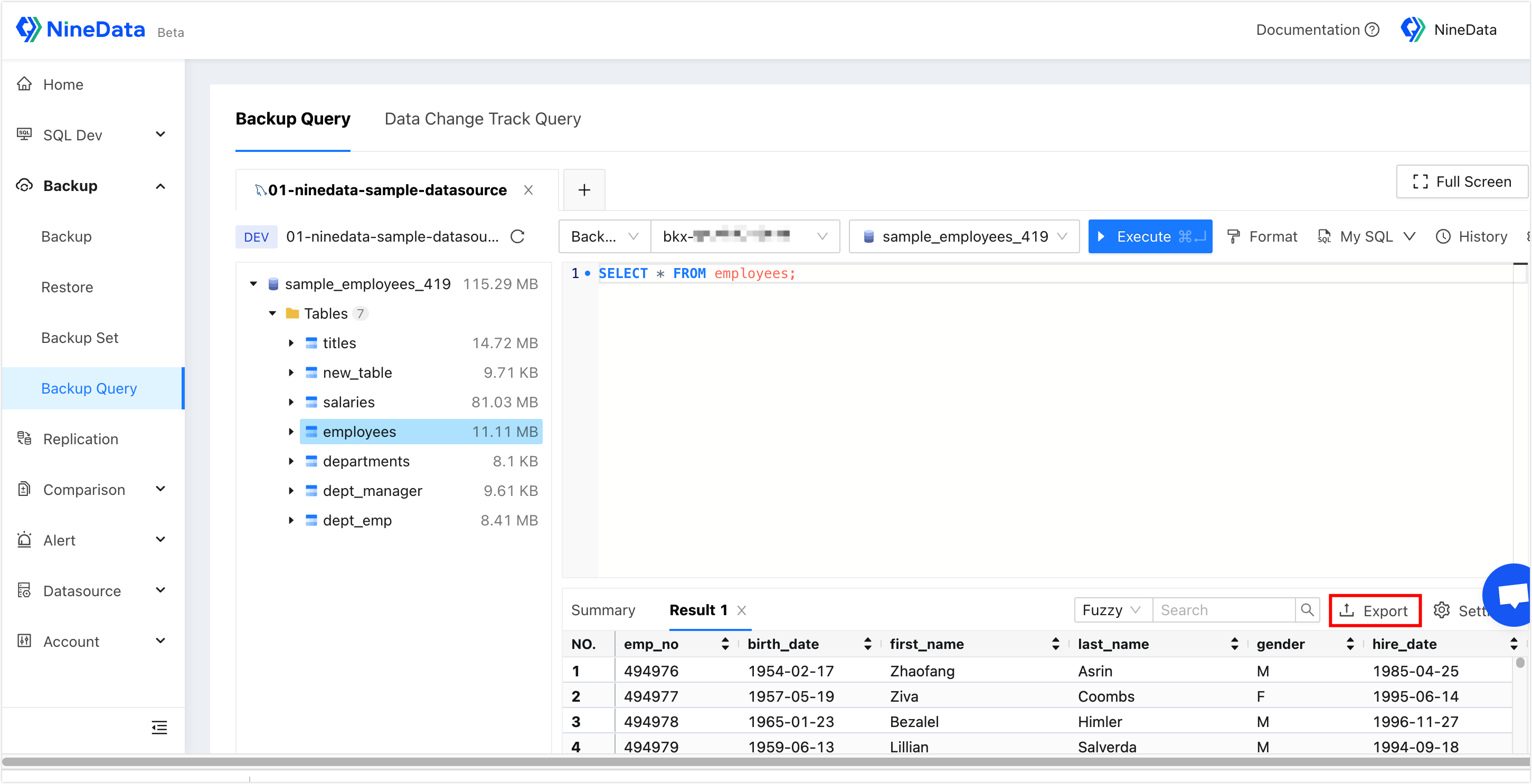 Export backup query results