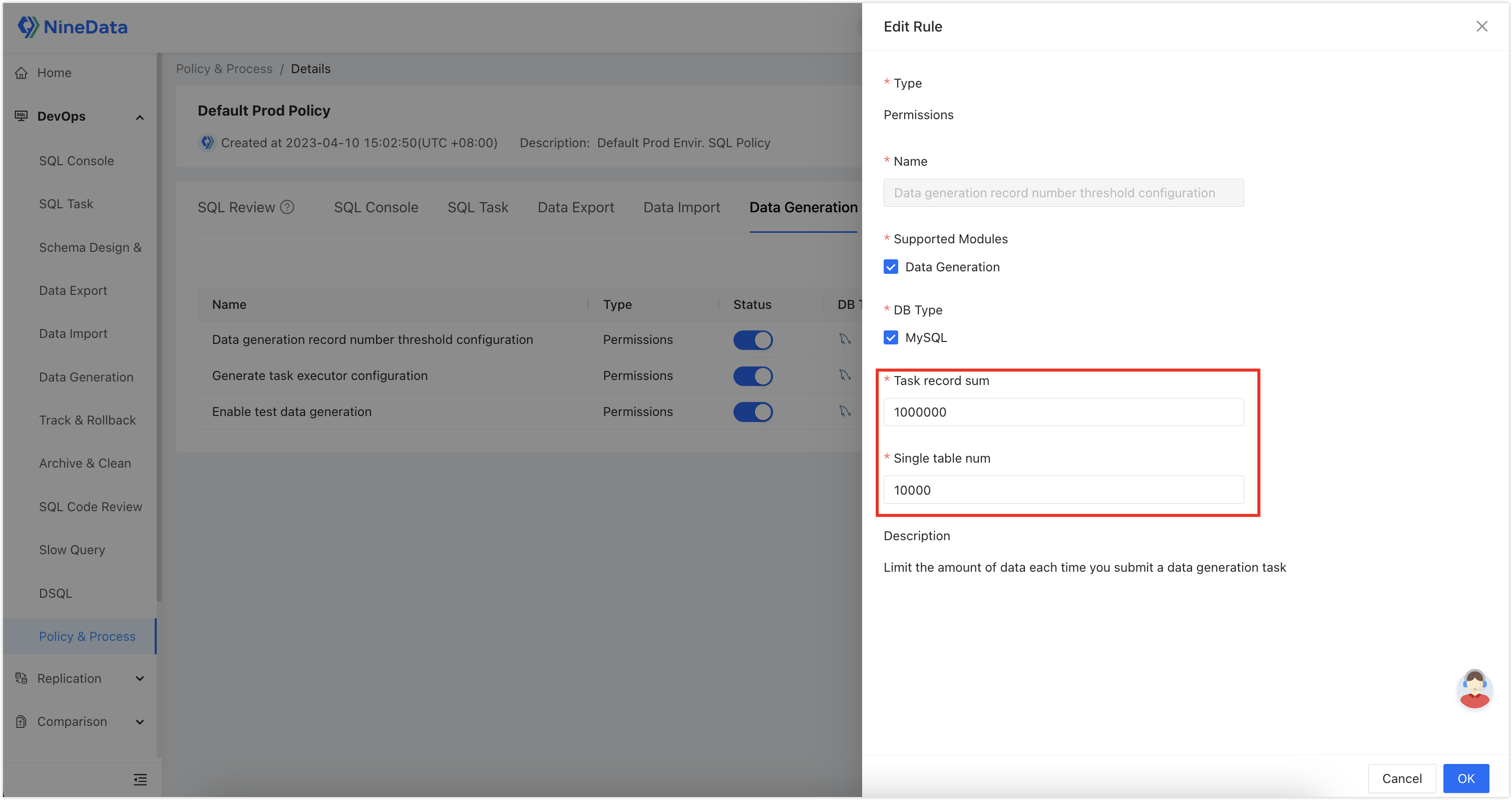 Configure generated data volume