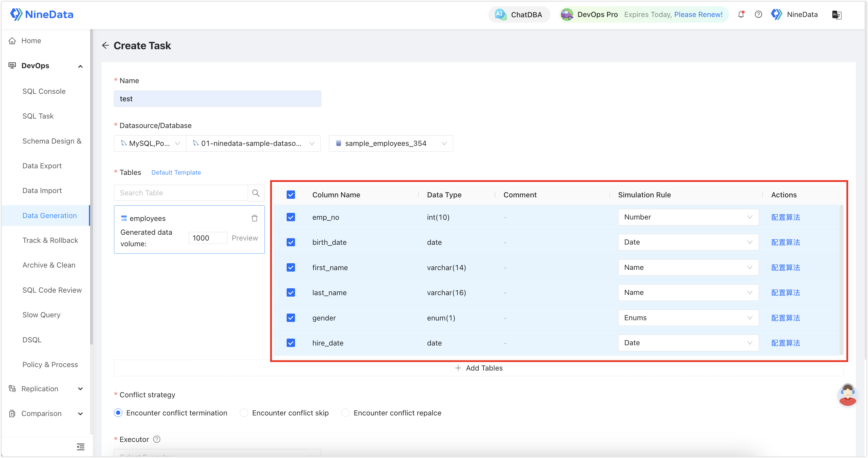 Configure generation rules for table fields