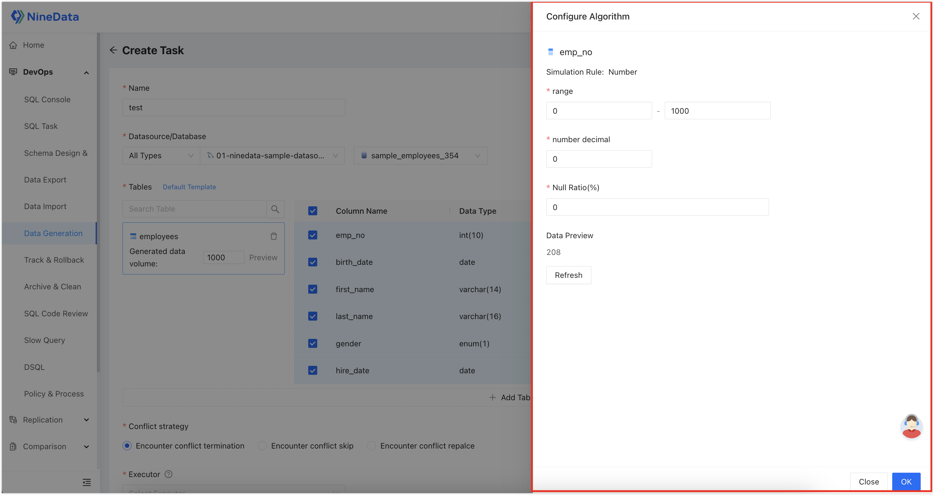 Configure a generation algorithm