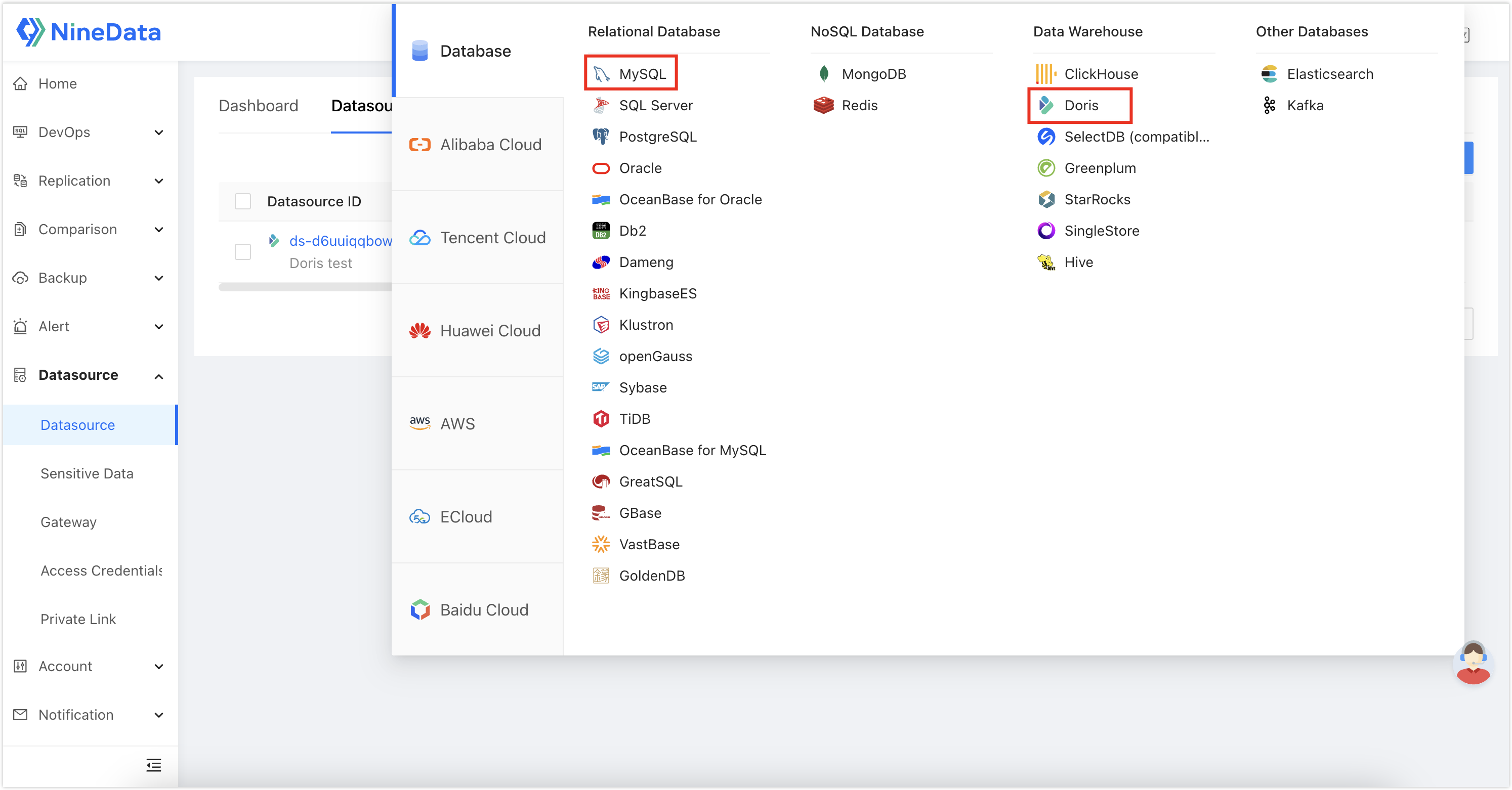 Select Doris and MySQL data source types