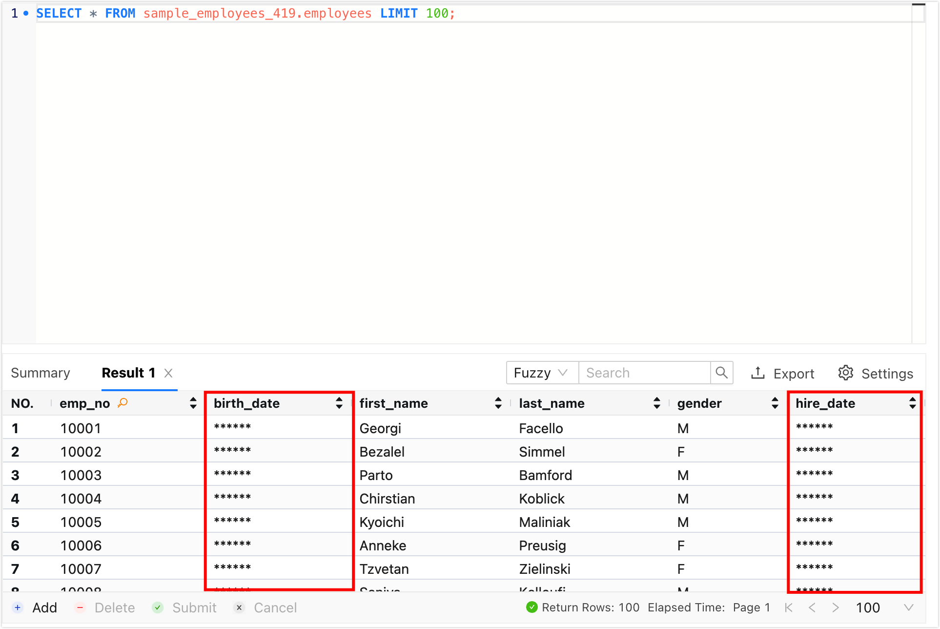 Sensitive data masking in the SQL Console